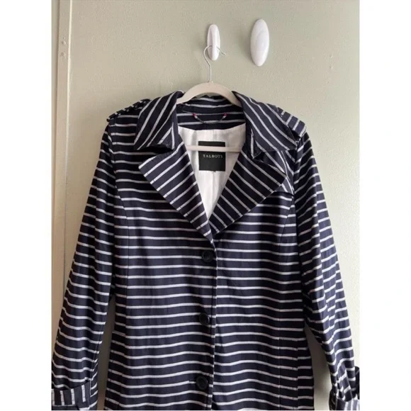 Talbots Blue White Striped Belted Trench Coat Jacket Lined Cotton - Large - Picture 2 of 10